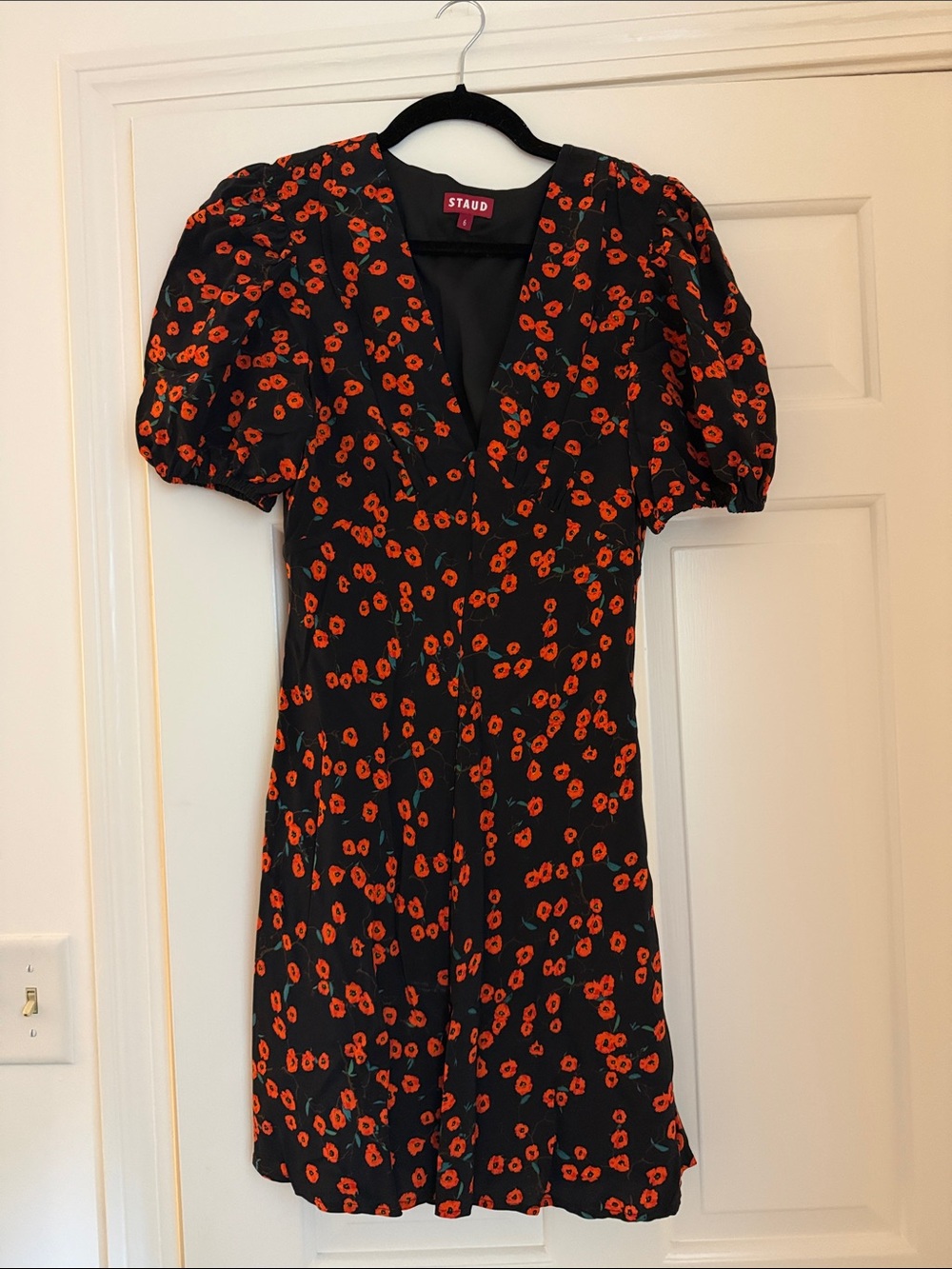 STAUD Black Mini Dress with Red Floral Print